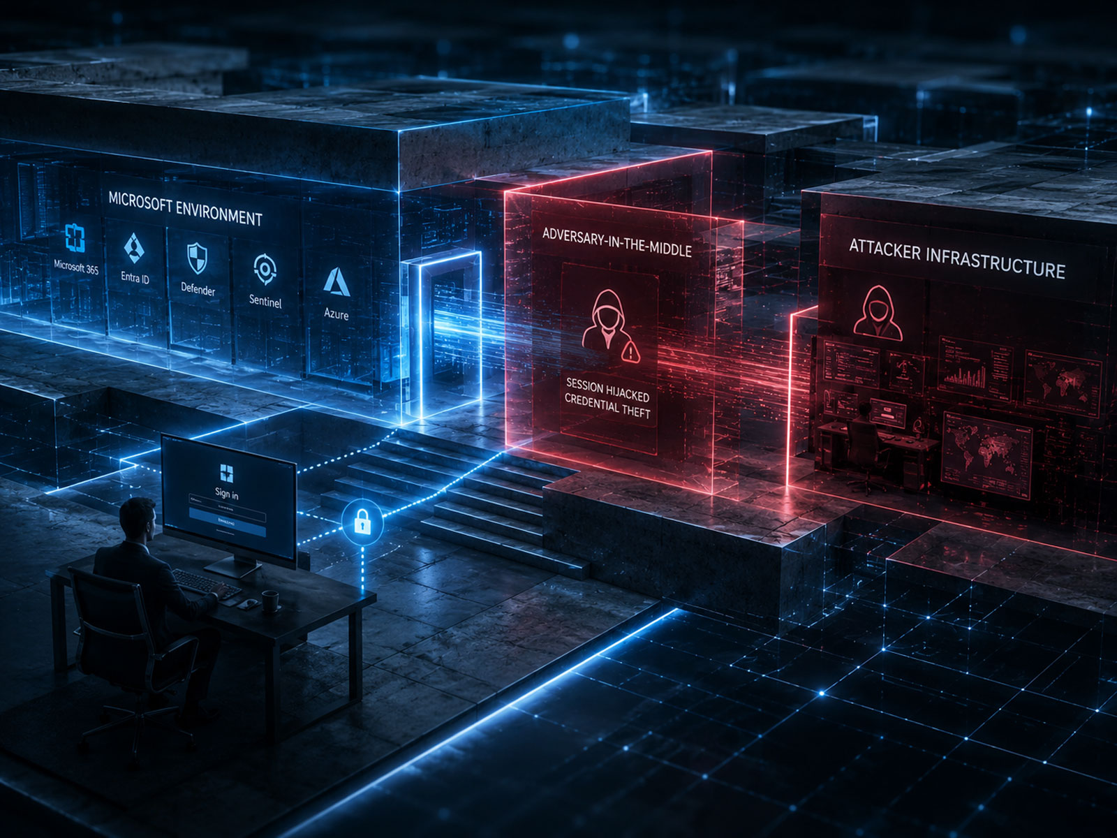 Manipulierte digitale Zugangsschleuse als Symbol für einen Adversary-in-the-Middle-Angriff