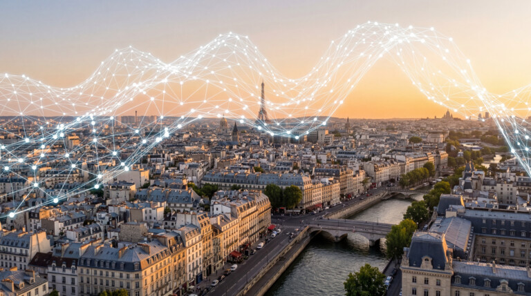 Aerial View of Paris Skyline and River Seine at Golden Hour with Glowing White Digital Network Mesh Overlay, Connectivity Concept